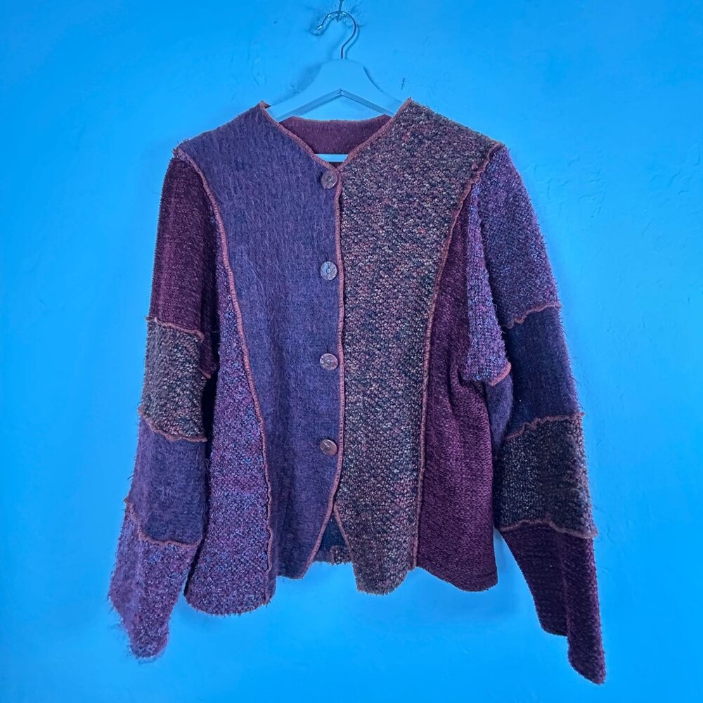 Staley Gretzinger Women Patchwork Cardigan Jacket Purple Textured Art to Wear XL